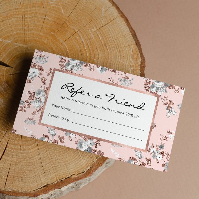 Tarjeta De Recomendación Purpurina dorado rosa rosa rosa rosa rosa blanco m (Modern blush pink white rose gold glitter floral referral )