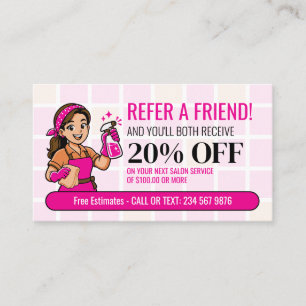 Tarjeta De Recomendación Recomienda a un amigo Pink Cartoon Maid Servicio d