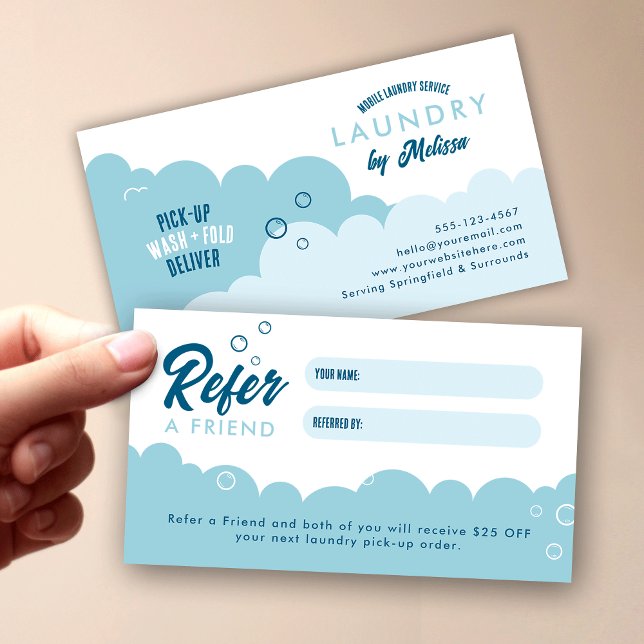 Tarjeta De Recomendación Refer A Friend Mobile Laundry Service Blue & White (Modern mobile laundry service & dry cleaners refer a friend discount cards in blue and white)