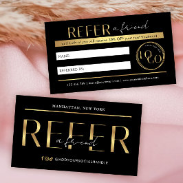 Tarjeta De Recomendación Refer A Friend Modern Black & Gold Logo Salon Spa