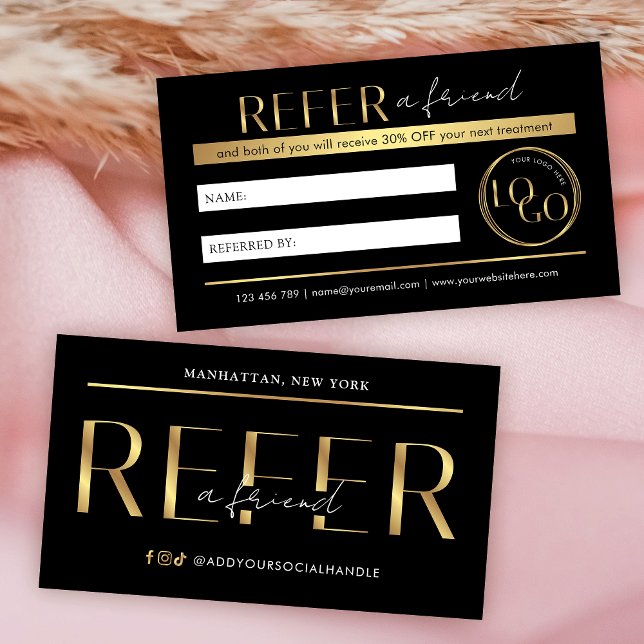 Tarjeta De Recomendación Refer A Friend Modern Black & Gold Logo Salon Spa (Black and gold refer a friend business cards with your custom logo and referral discount offer)