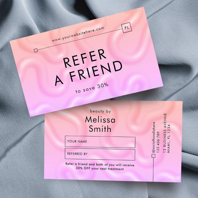 Tarjeta De Recomendación Refer a Friend Neon Pink Girly Hair Makeup Lashes (Modern gradient pink feminine refer a friend cards featuring 3D abstract background & minimal layout)