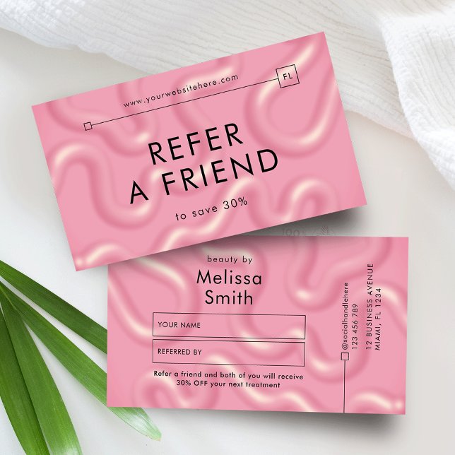 Tarjeta De Recomendación Refer a Friend Trendy Pink Abstract Spa Salon (Girly 3D Effect blush pink refer a friend discount cards with modern type and minimal layout)