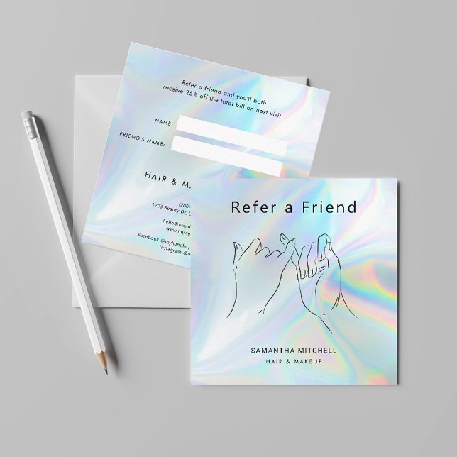 Tarjeta De Recomendación Refiera a una belleza holográfica y maquillaje de  (Refer A Friend Yoga Holographic Business Square Card)