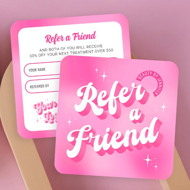 Tarjeta De Recomendación Rosa moderno retro a las uñas de un amigo en un sa (Groovy Refer a Friend business cards in girly pink colors, featuring retro fonts and your logo)