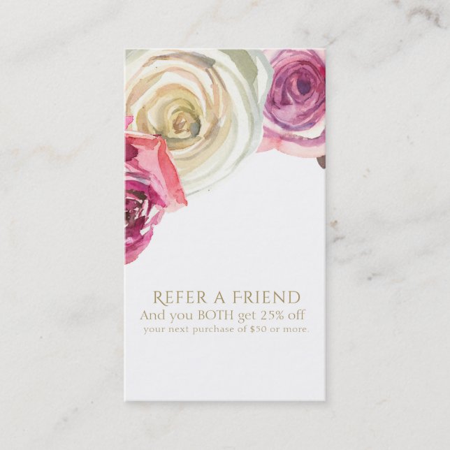 Tarjeta De Recomendación Rosas de acuarela Floral blanca rosada hacen refer (Anverso)
