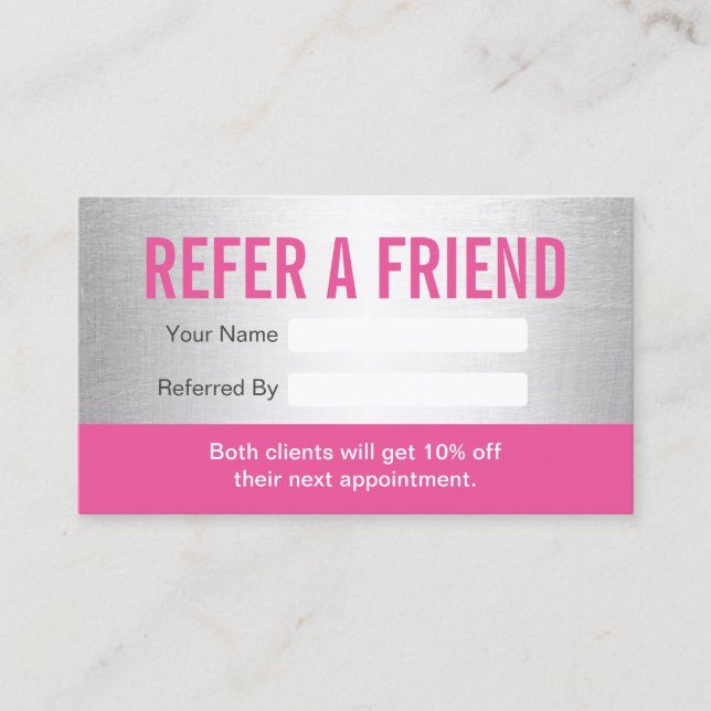 Tarjeta De Recomendación Salón de belleza moderno rosa y plateado (Anverso)