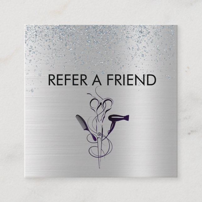 Tarjeta De Recomendación Salón de Belleza Silver Glitter (Anverso)