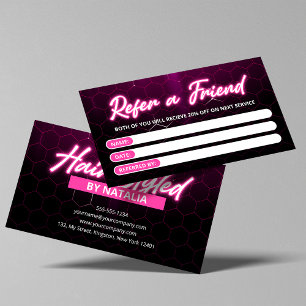 Tarjeta De Recomendación Salón de Cabello Neon Rosa Moderno Recomienda un A