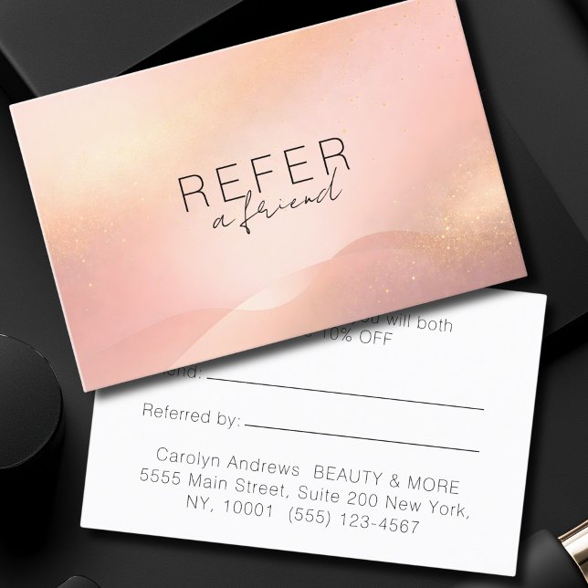 Tarjeta De Recomendación Salón Gradiente de Brillo Dorado Rosado  (Blush Gold Glow Gradient Salon Referral Card)