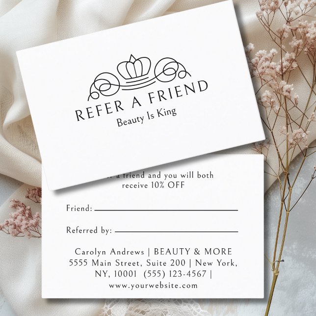 Tarjeta De Recomendación Salón Logo Elegant Crown Blanco (Elegant Crown Logo Salon White Referral Card)
