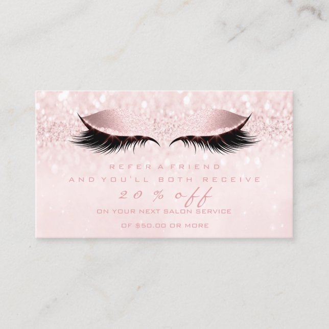 Tarjeta De Recomendación Salon Referral Card Makeup Pink Girly Lash Studio (Anverso)