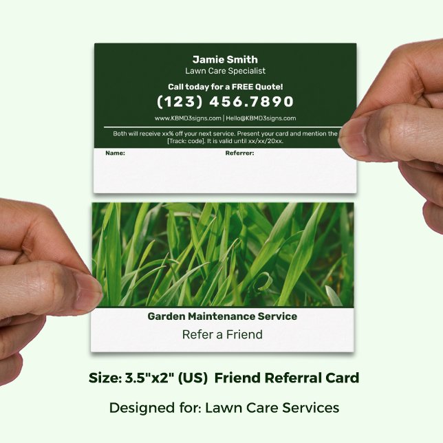 Tarjeta De Recomendación Servicio de césped de imagen personalizada verde y (Basic Green & White Custom Image Lawn Service Referral Card; Size: 3.5x2 Inch)
