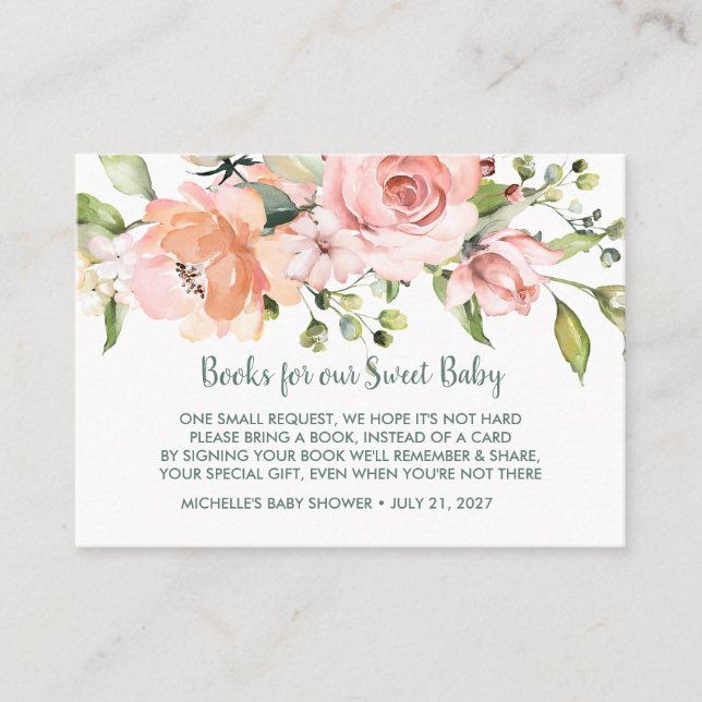Tarjeta De Recomendación Solicitud de libro floral rosa Baby Shower (Anverso)