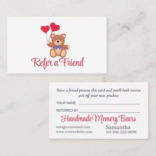 Tarjeta De Recomendación Teddy Memory Bear Business (Anverso / Reverso)