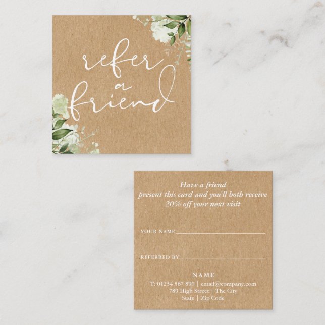 Tarjeta De Recomendación Verde Floral Elegante Script Rústico Kraft (Anverso / Reverso)