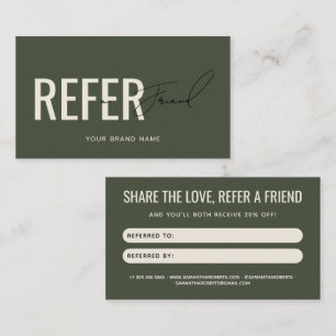 Tarjeta De Recomendación verde oliva moderno profesional referir un amigo