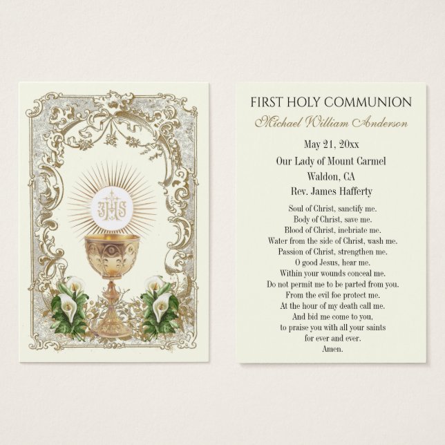 Tarjeta de recuerdo católica de Comunión del niño (Anverso y reverso)