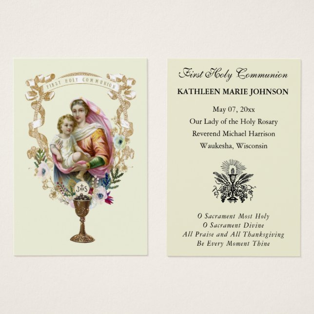 Tarjeta de recuerdo católica de Primera Comunión (Anverso y reverso)