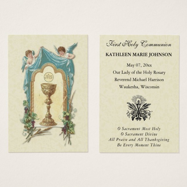 Tarjeta de recuerdo católica de Primera Comunión (Anverso y reverso)