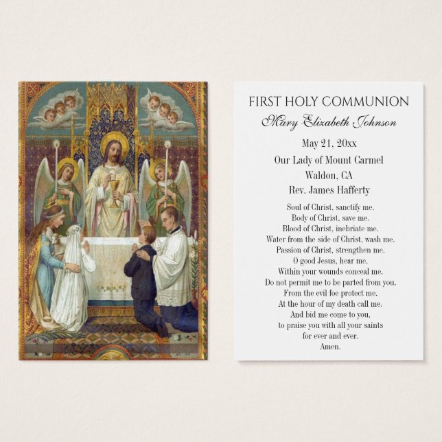 Tarjeta de recuerdo católica de Primera Comunión (Anverso y reverso)