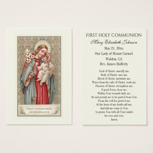 Tarjeta de recuerdo católica de Primera Comunión (Anverso y reverso)