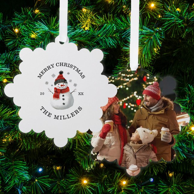 Tarjeta de recuerdo de foto de Navidad personaliza (Cute Snowman Custom Photo Paper Ornament Card)