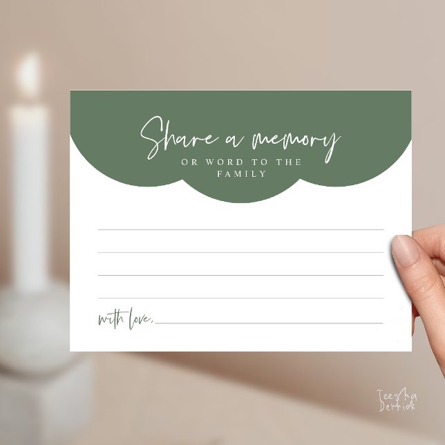 Tarjeta de recuerdo de servicio funerario, compart (Funeral Service, Share a memory or words to the family Memorial Card in Sage Green)