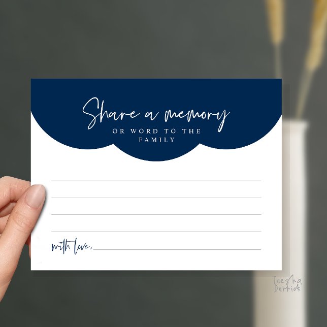 Tarjeta de recuerdo de servicio funerario, compart (Funeral Service, Share a memory or words to the family Memorial Card in Navy Blue)