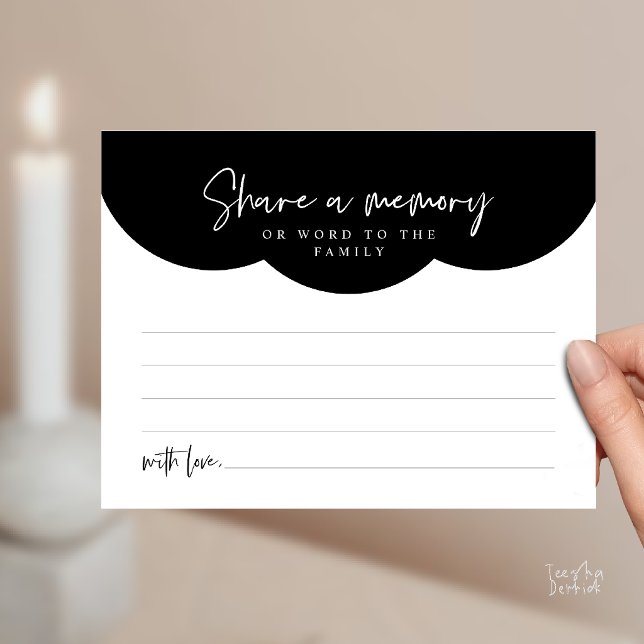 Tarjeta de recuerdo de servicio funerario, compart (Funeral Service, Share a memory or words to the family Memorial Card in Black and White)