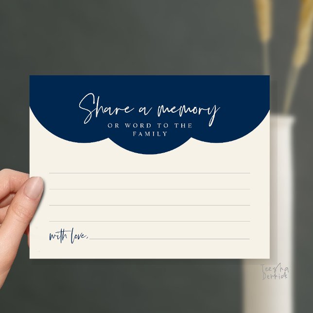 Tarjeta de recuerdo de servicio funerario, compart (Funeral Service, Share a memory or words to the family Memorial Card in Navy Blue Ivory)