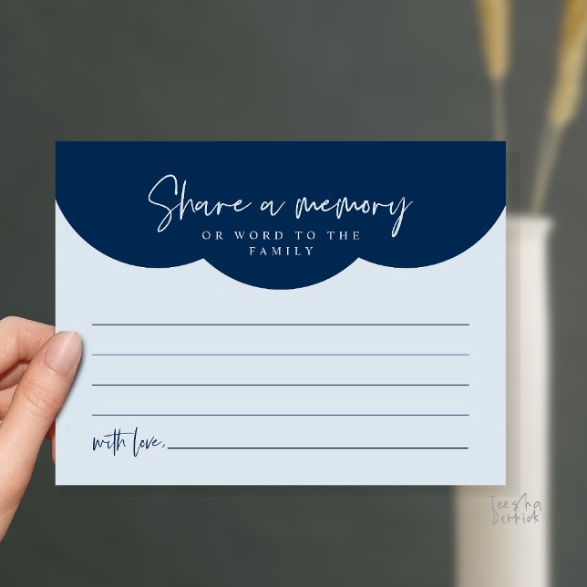 Tarjeta de recuerdo de servicio funerario, compart (Funeral Service, Share a memory or words to the family Memorial Card in Misty Navy Blue)