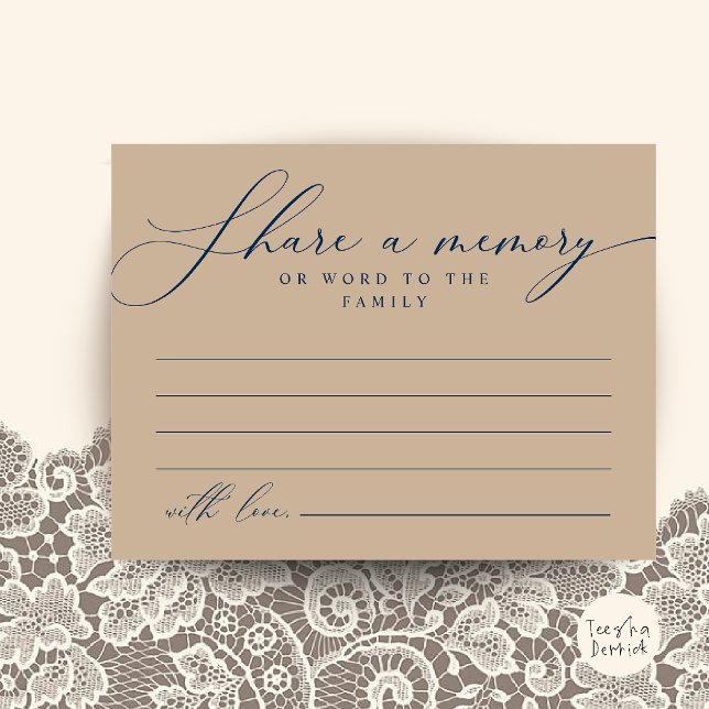 Tarjeta de recuerdo de servicio funerario, compart (Funeral Service, Share a memory Memorial Card in Navy Blue and Tan)
