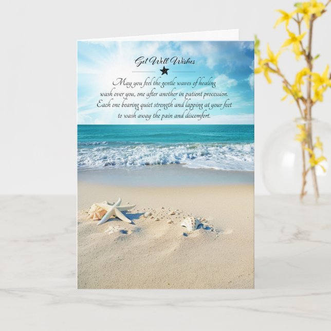 Tarjeta de recuperación con playa costera y estrel (flor amarilla)
