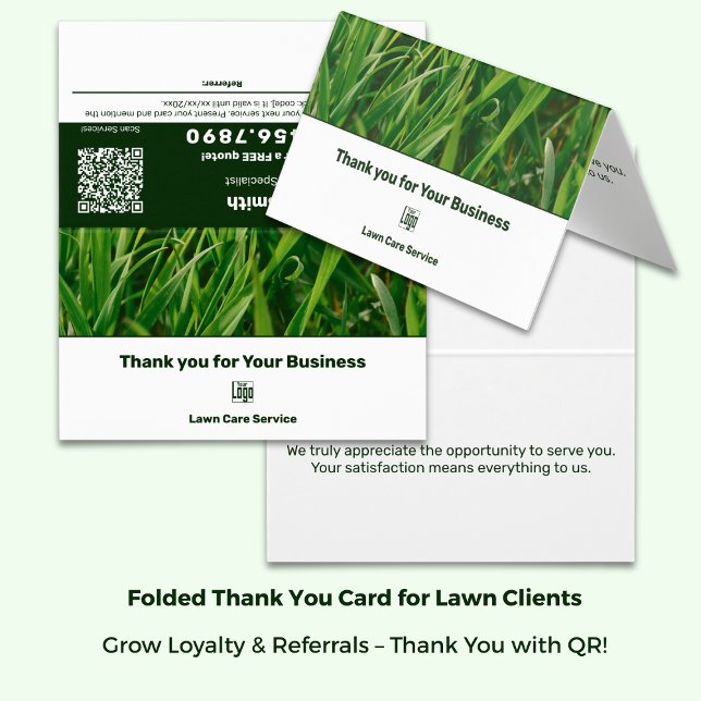 Tarjeta de referencia con logotipo de Lawn Care (Lawn Lawn Care Thank You Referral Card with Logo - Green White Branding - Folded Size: 3.5x2 Inch)