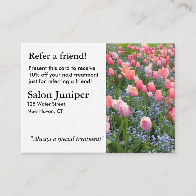 Tarjeta de referencia con tulipanes y nomeolvides (Anverso)