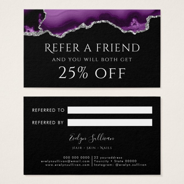 tarjeta de referencia de agate de plata púrpura (Anverso y reverso)