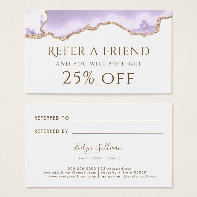 Tarjeta de referencia de lavanda con agante púrpur (Anverso y reverso)