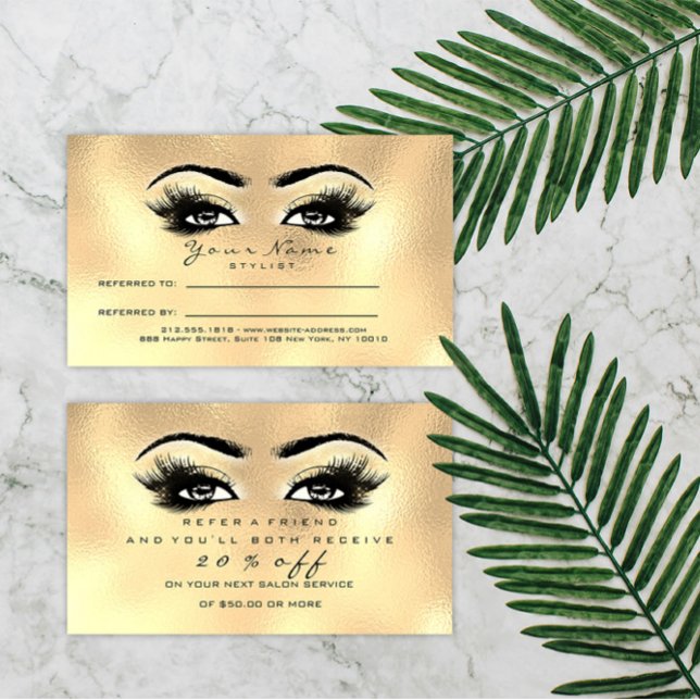 Tarjeta de referencia de salón Extensión de los la (Salon Referral Card Gold Makeup Lashes Extension)