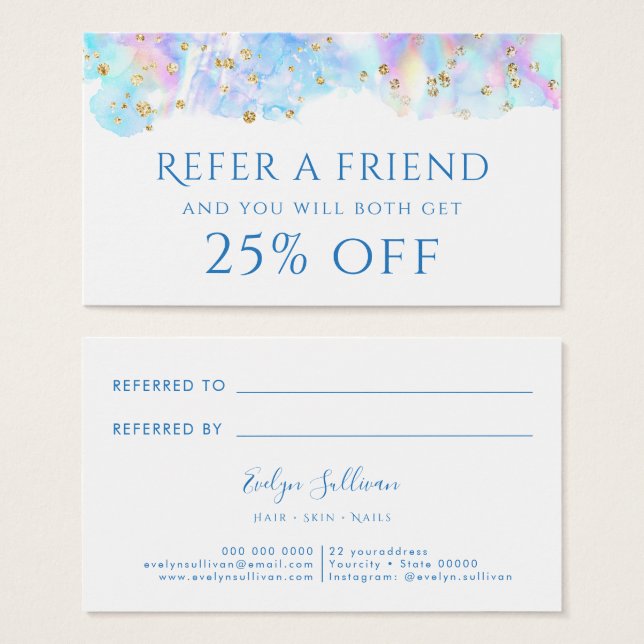 tarjeta de referencia purpurina de color azul past (Anverso y reverso)