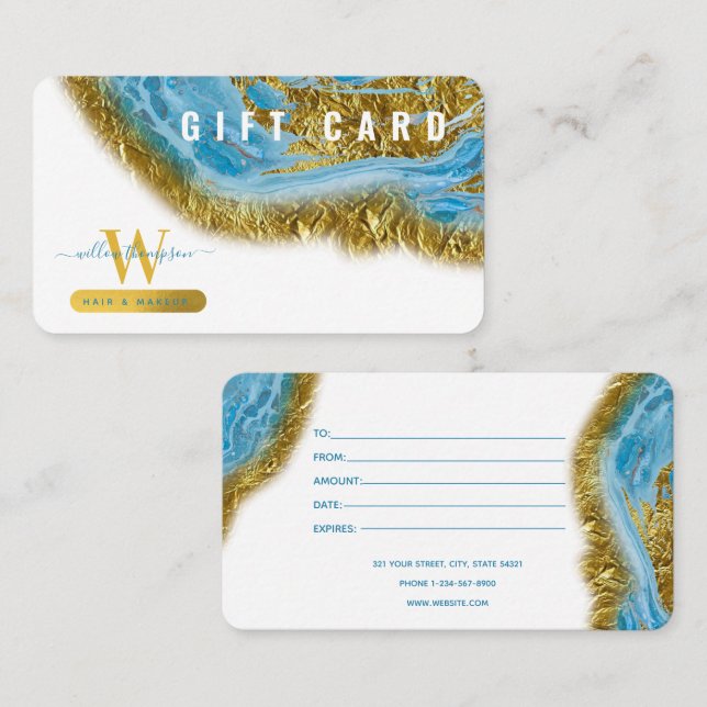 Tarjeta de regalo Blue Watercolor Marble Gold Hair (Anverso / Reverso)