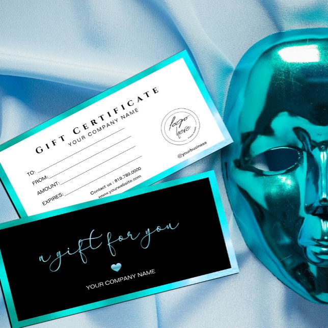 Tarjeta De Regalo Con Logo Moderno De Color Negro  (Bold and modern. Our black and turquoise metallic gift certificates make your brand stand out,)
