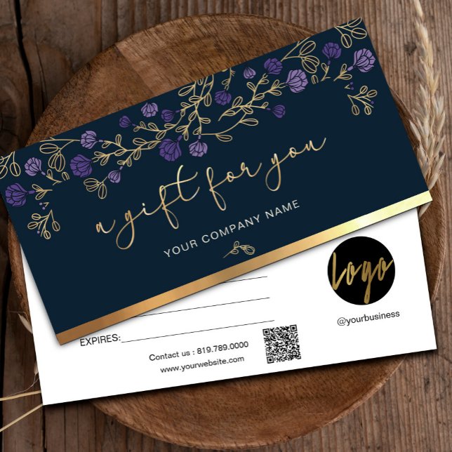 Tarjeta De Regalo Con Logotipo Purple Floral Naval ("Unlock Moments of Joy 💜✨ Surprise Loved Ones with our Signature Gift Certificate!" #purpleandgold)