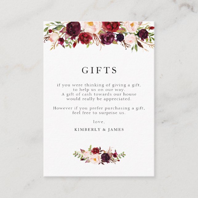 Tarjeta de regalo de boda floral borgoñona y rubia (Anverso)