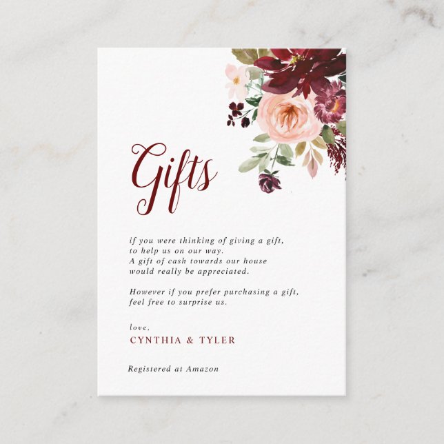 tarjeta de regalo de boda floral pintada de borgoñ (Anverso)