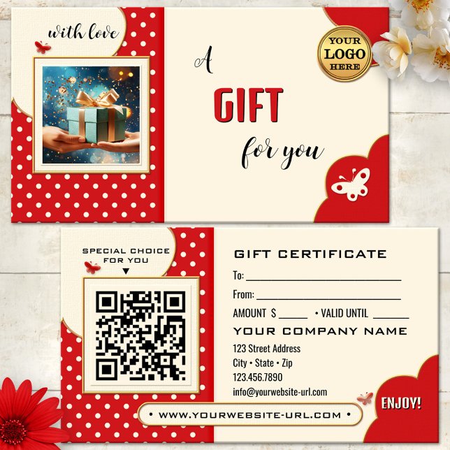 Tarjeta de regalo de fotografía de mariposa retro  (Retro gift certificate featuring a red and ivory polka dot design with butterflies - QR code - logo)
