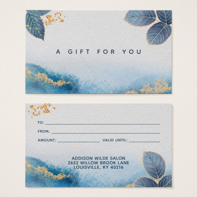 Tarjeta de regalo de hojas botánicas Blue Gold Wat (Anverso y reverso)
