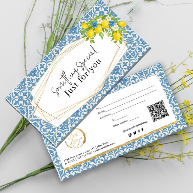 Tarjeta de regalo de limón y azules mediterráneos (Mediterranean Lemon & Blue Tile Gift Card #geometricframe#lemonfloral #bluetilegiftcard #rustic)