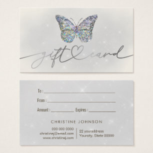 tarjeta de regalo de mariposa purpurina gris