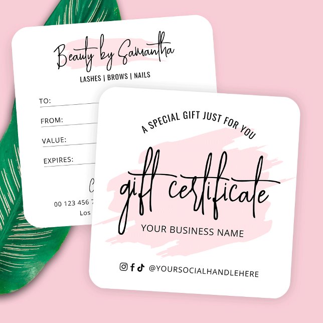 Tarjeta de regalo de salon de ceniza estética de c (Feminine blush pink watercolor business gift certificate with fully editable text & colors)
